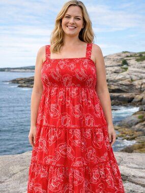 Mira Red Lobster Print Smocked Cotton Tiered Midi Dress XXL Coastal Chic